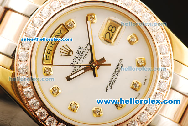 Rolex Day-Date Oyster Perpetual Three Tone with White Dial and Diamond Bezel/Marking - Click Image to Close